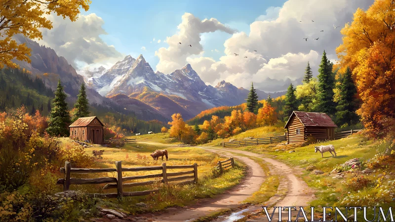 Mountain valley farm landscape with cabins and autumn trees.