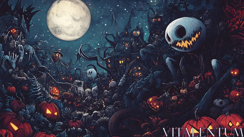 Lunar-illuminated infernal pumpkin settlement with skeletal giants.