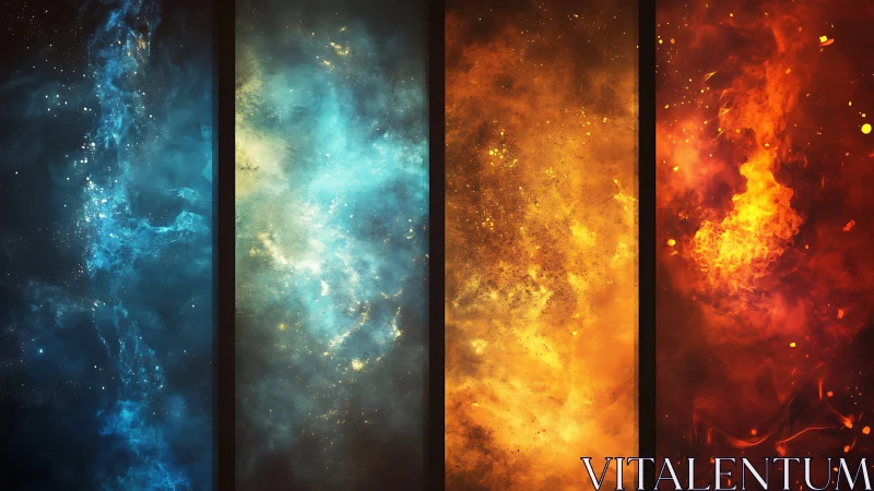 Quadriptych nebular panels in cool cyan to fiery orange spectrum