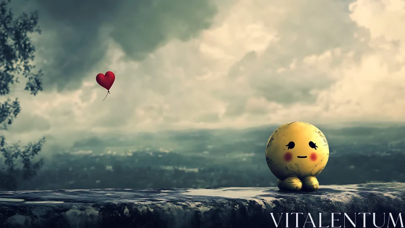 Weathered emoticon figure observes drifting red heart balloon