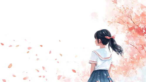 Girl in sailor uniform stands under pink foliage and sky