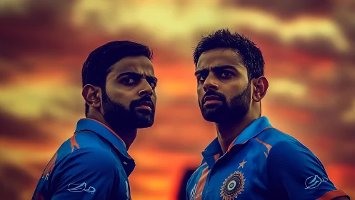 Two cricket players stand in uniform under a vivid sky