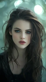 Striking digital portrait of young woman with teal eyes.