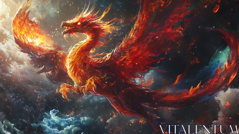 Fiery phoenix ascends through stormlit clouds in vivid detail.