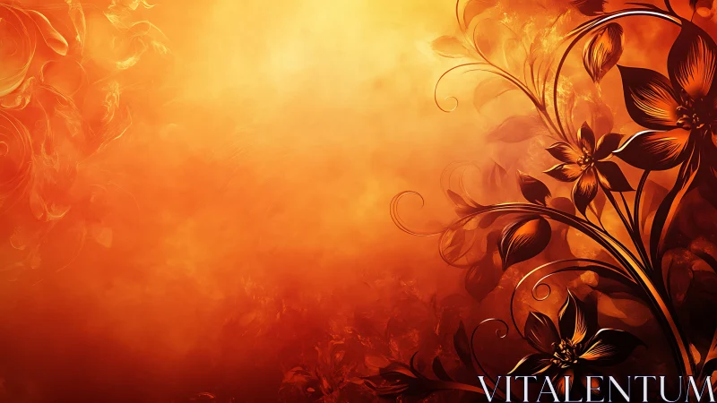 Floral silhouettes emerge through radiant amber haze.