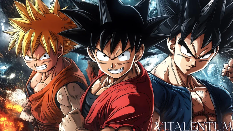 Fiery anime heroes stand united in a bold cosmic showdown.
