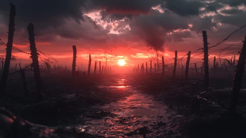 Barbed wire battlefield at sunset with reflective crater pools.