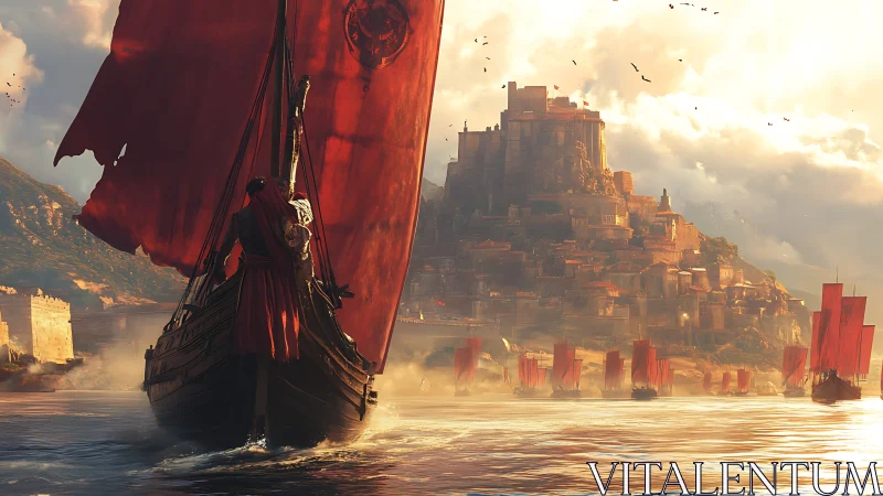 Red-sailed warship approaches fortified coastal city at dawn.