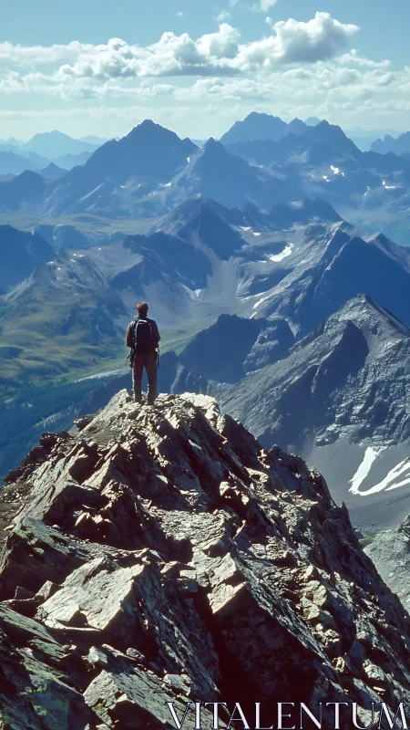 Solo hiker stands on jagged alpine ridge with layered glacial peaks