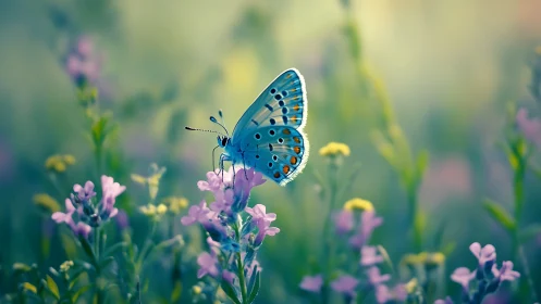 Blue butterfly rests on pink wildflower in soft-focus meadow