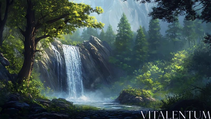 Waterfall Cascades Through Misty Forest Canyon