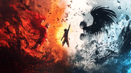 Elemental warriors clash within explosive fire and ice vortex.