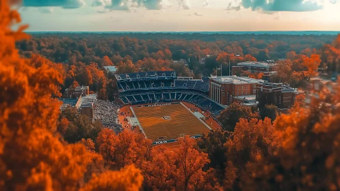 College football stadium in autumn forest landscape.