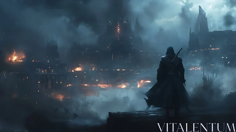 Hooded swordsman surveys burning gothic metropolis at dusk.