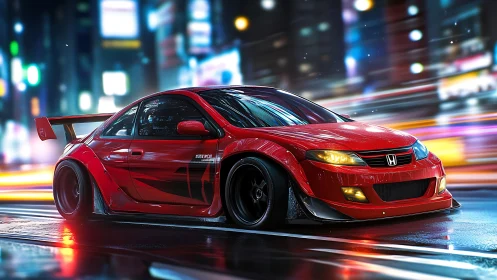 Red Honda street racer cuts neon city night at speed.