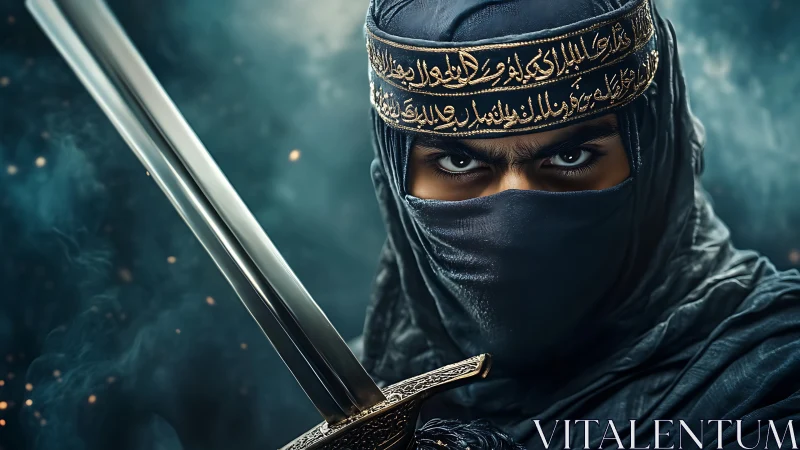 Photorealistic warrior portrait with engraved scimitar focus.