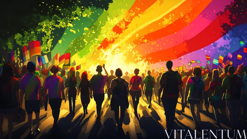 Pride marchers stride under radiant rainbow light burst.