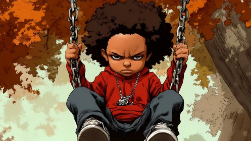 Defiant child grips swing chains under dense autumn trees