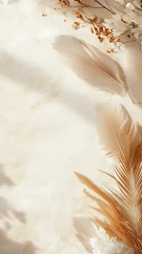 Beige feathers and dried foliage lie on textured cream surface