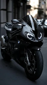 Black BMW sport motorcycle parked on urban street at dusk.