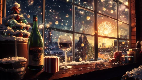 Warm interior holiday still life faces fireworks-lit snowy town