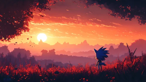 Blue hedgehog silhouette gazes across fiery sunset valley.