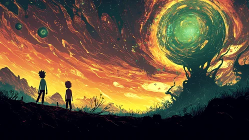 Cosmic portal sky above silhouetted wanderers at dusk.