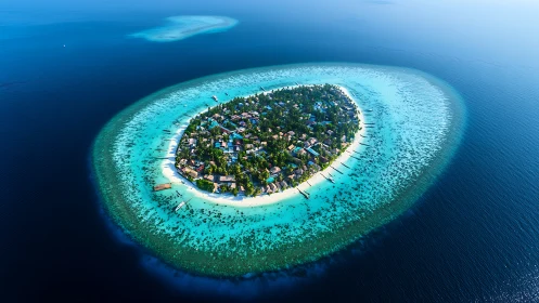 Maldivian atoll island aerial view with turquoise waters.