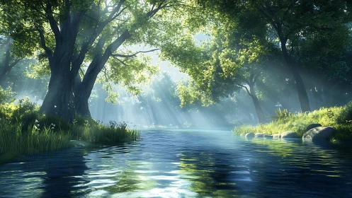 Sunlit forest river invites quiet moments of peaceful escape
