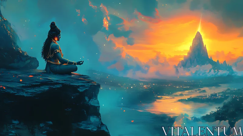 Meditating deity watches glowing mountain at sunrise.