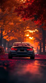 Photorealistic sports sedan in autumn bokeh corridor composition.