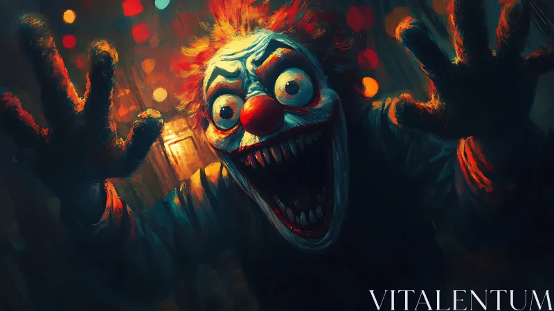 Sinister clown lunges forward with exaggerated wild grin.