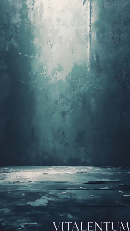 Moody teal concrete room glows with diffused overhead light.