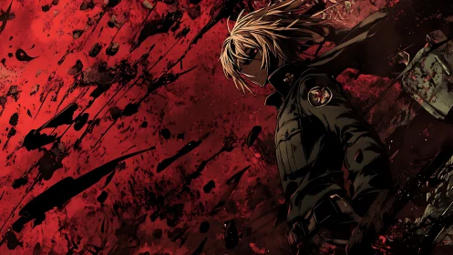Fierce anime soldier standing tall in a storm of crimson chaos.