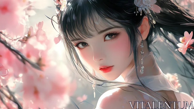 Gentle spring maiden surrounded by soft cherry blossoms.