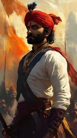 Warrior in red turban leading armed soldiers in battle