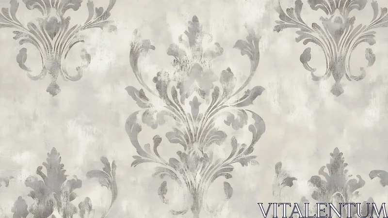 Grey damask flourishes on distressed cream backdrop.