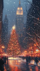 Snowlit city plaza with towering Christmas tree glow.