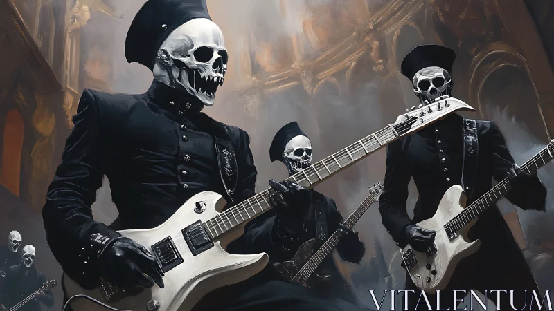 Skeletal metal band performing in gothic cathedral hall.