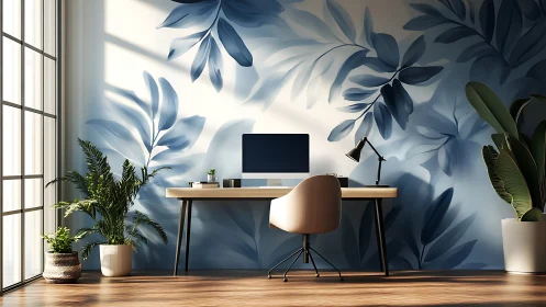Modern home workspace with blue botanical mural wall.
