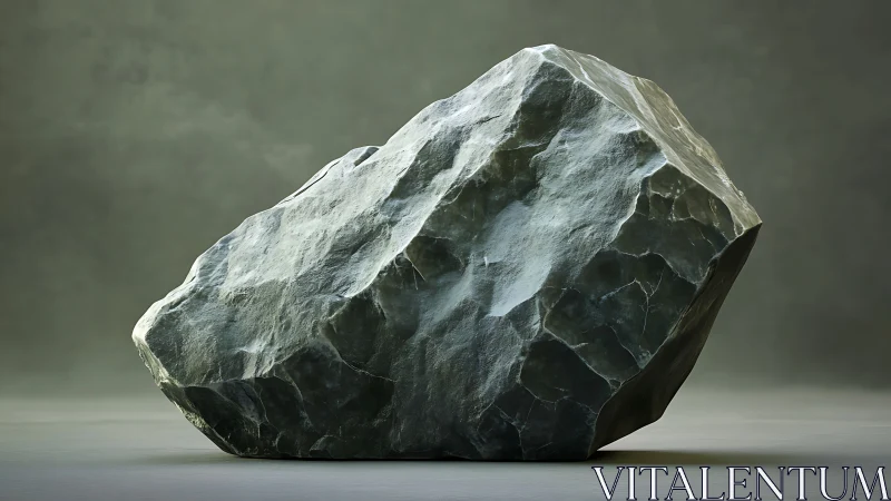 Large angular rock on plain surface under soft lighting.