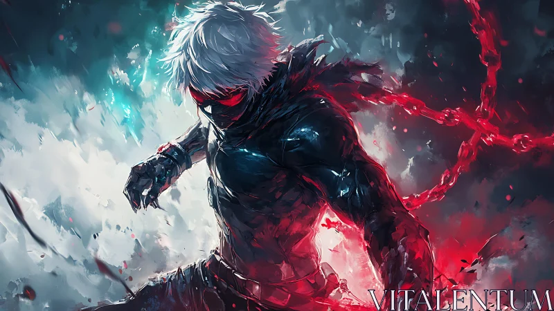 Anime combat figure in kinetic red and cyan energy field.