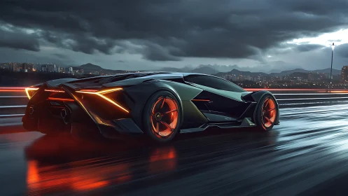 Futuristic black supercar on wet urban highway at night.