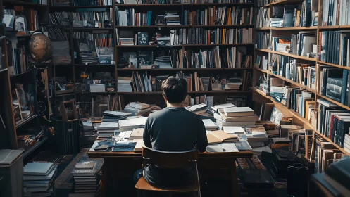 Solitary researcher immerses in study within crowded library