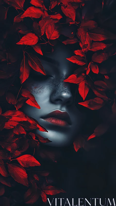 Crimson leaves cradle a moonlit, quietly dreaming face.