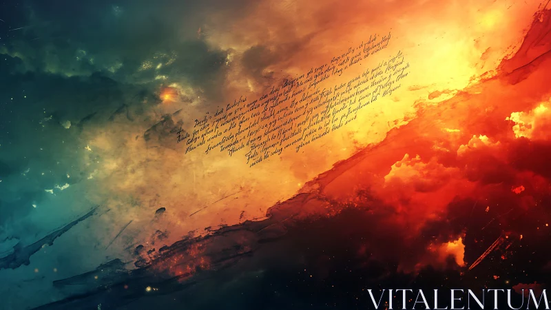 Nebulous gradient sky with central handwritten script band.