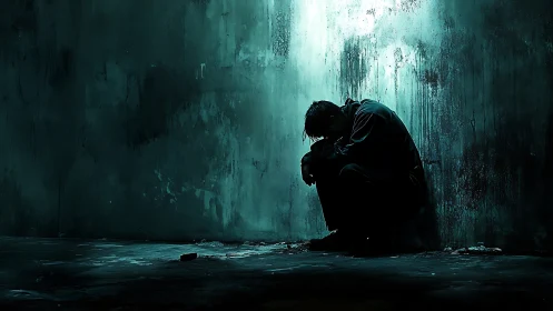 Solitary figure crouches in teal shadowed concrete corner.