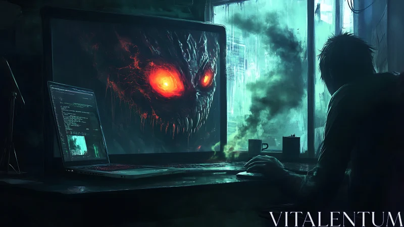 Cyber hacker confronts demonic malware entity on monitor.