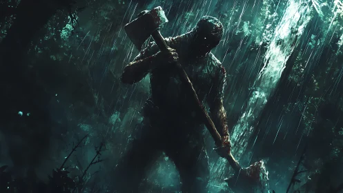 Rain-soaked forest slasher with dual bloodied axes in ambush