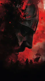 Warrior’s blood-red vision merges battle and burning sky.